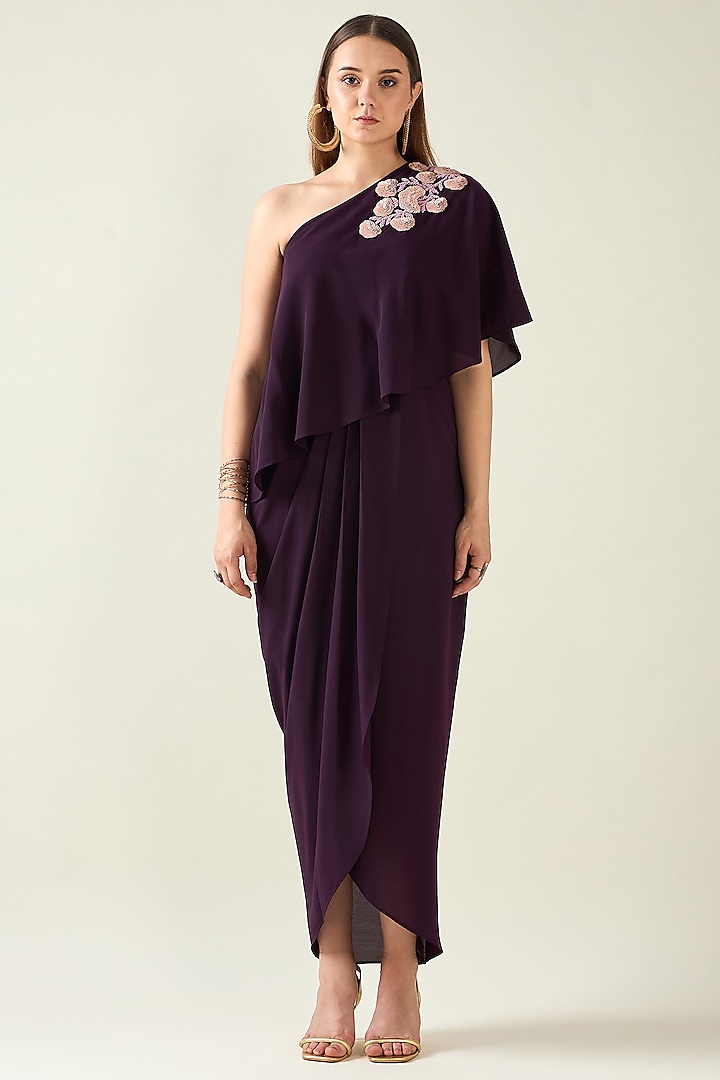 Purple Moss Crepe Floral One-Shoulder Dress by Aakaar at Pernia's Pop Up Shop